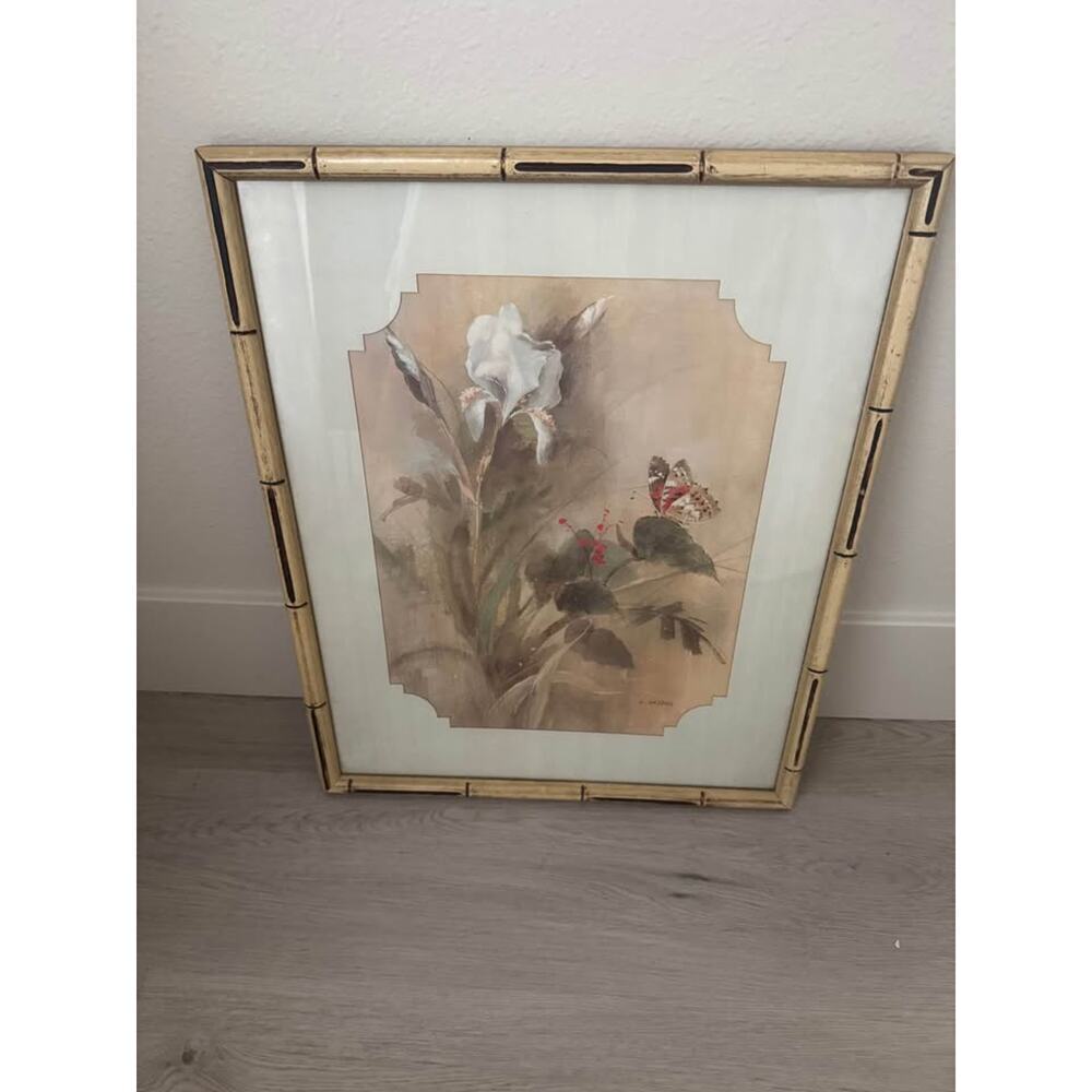 Lili Gaydos Iris and Butterfly Print Art with Bamboo Frame 1978